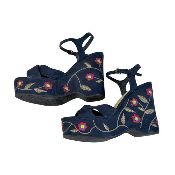 M.I.A. ZOEY Floral Embroidered Navy Blue Platform Slingback Chunky Sandals Sz 8 - Picture 8 of 11
